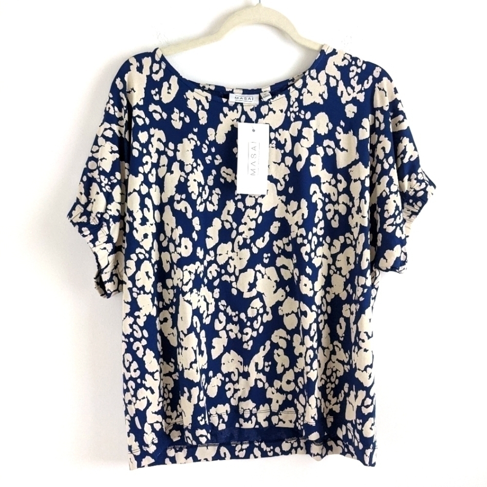 MASAI Abstract Animal Print Top in Blue and Cream Dolman Sleeve Elastic sleeve M